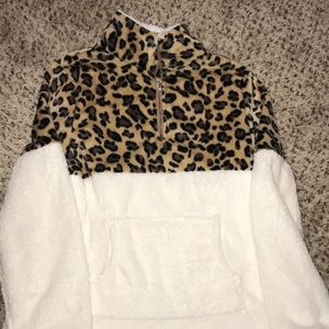 1/4 zip leopard and white sherpa